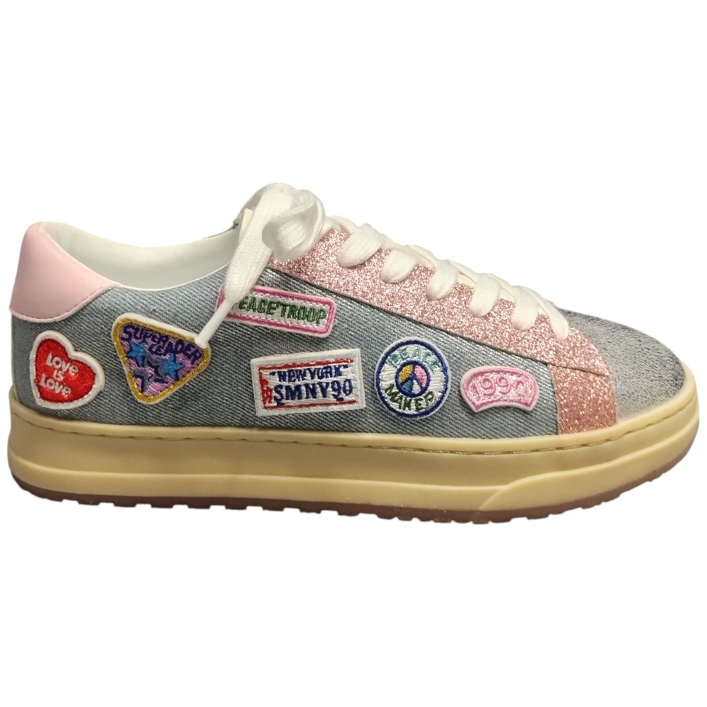 Steve Madden Hopee Sneakers Girls US 3M Multi Patches Denim Athletic Lace Up